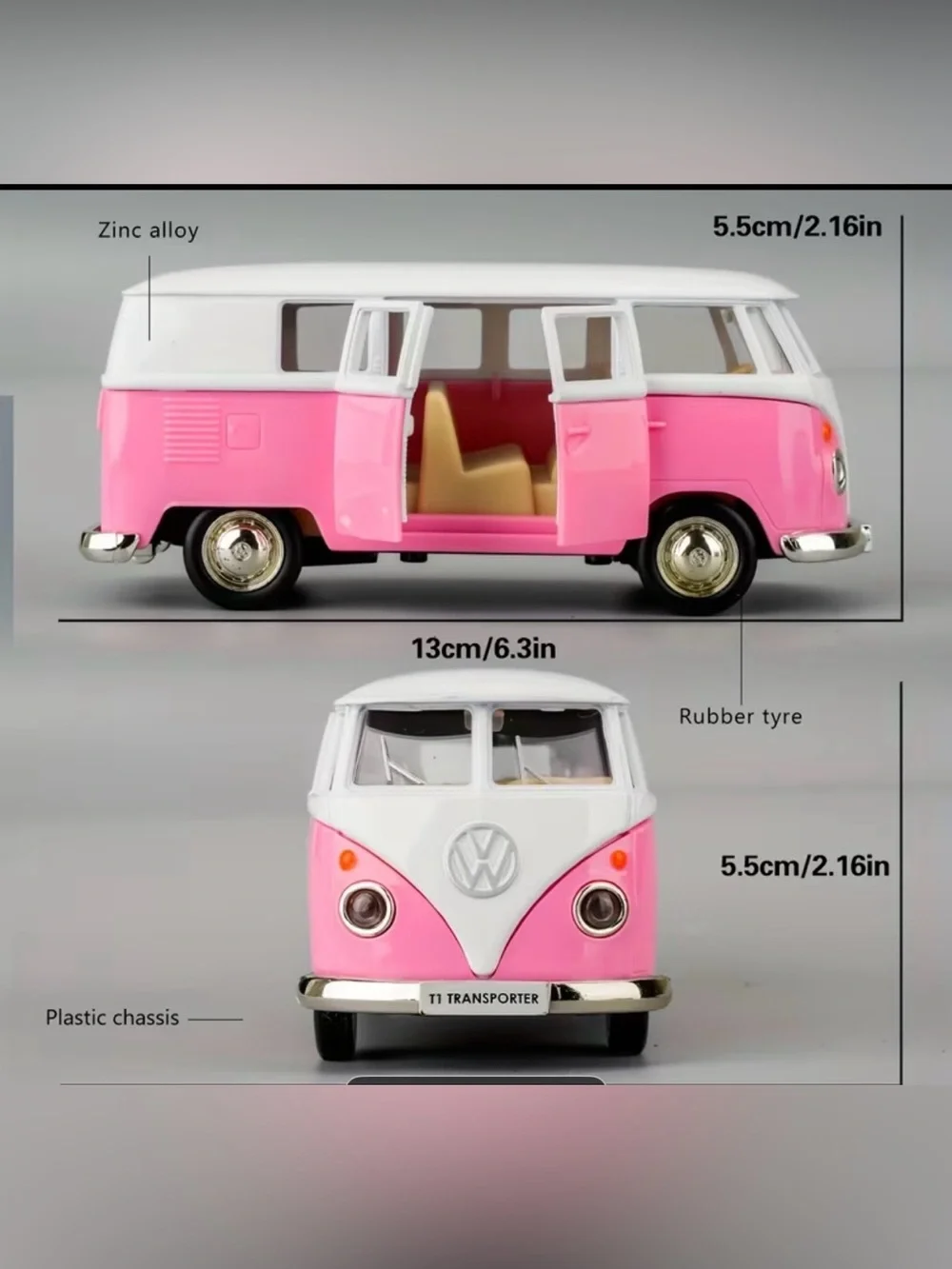 PINK Diecast Volkswagen T1 Transporter Samba Bus VW Bus RMZ Pull Back n GO NEW